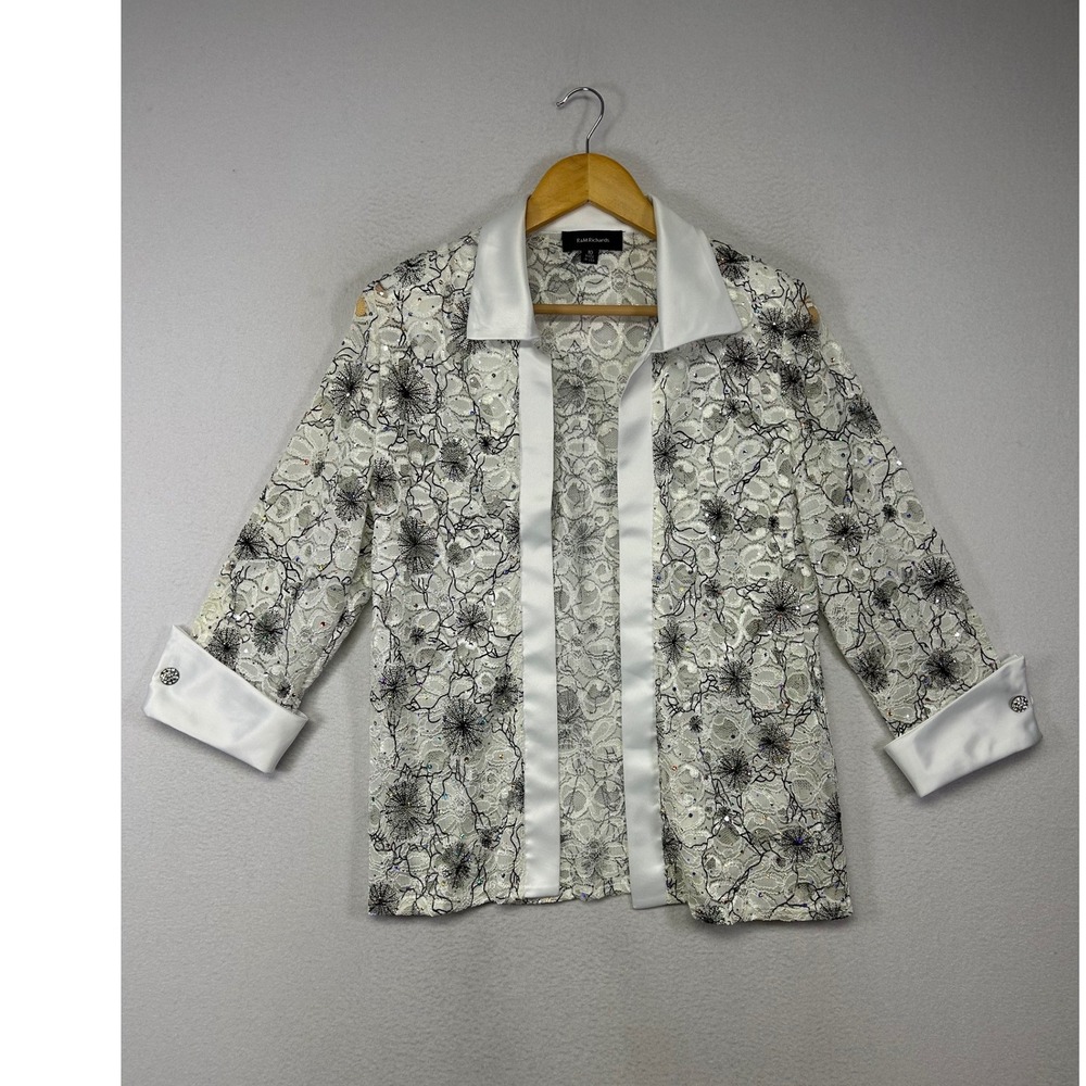Evening Glam R&M Richards Women 10 White‎ Floral Lace Sequin Satin Trim Jacket